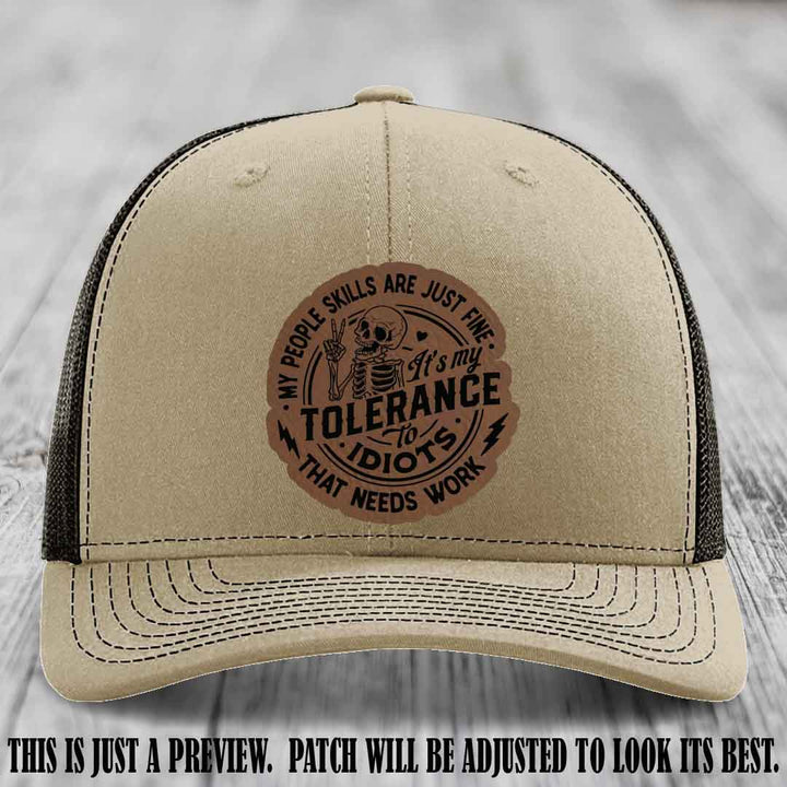 Tolerance to Idiots Dark Brown to Black Patch on Khaki to Coffee Hat Richardson 112 leather patch hat