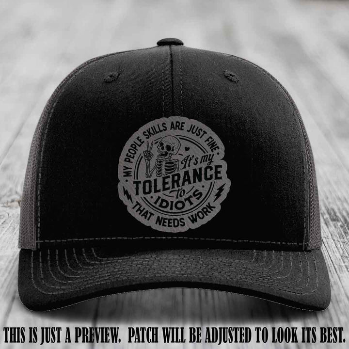 Tolerance to Idiots Grey to Black Patch on Black to Charcoal Hat Richardson 112 leather patch hat