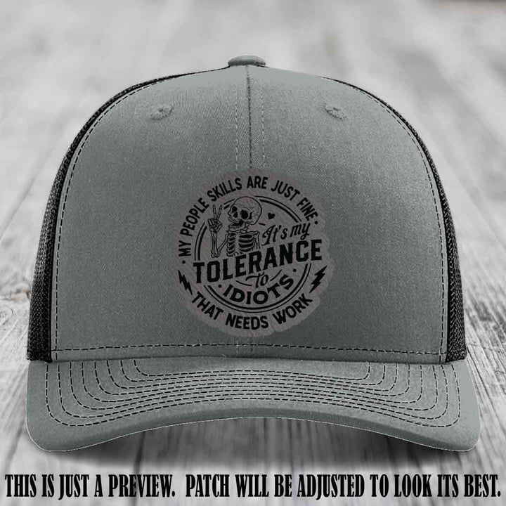 Tolerance to Idiots Grey to Black Patch on Heather Grey to Black Hat Richardson 112 leather patch hat