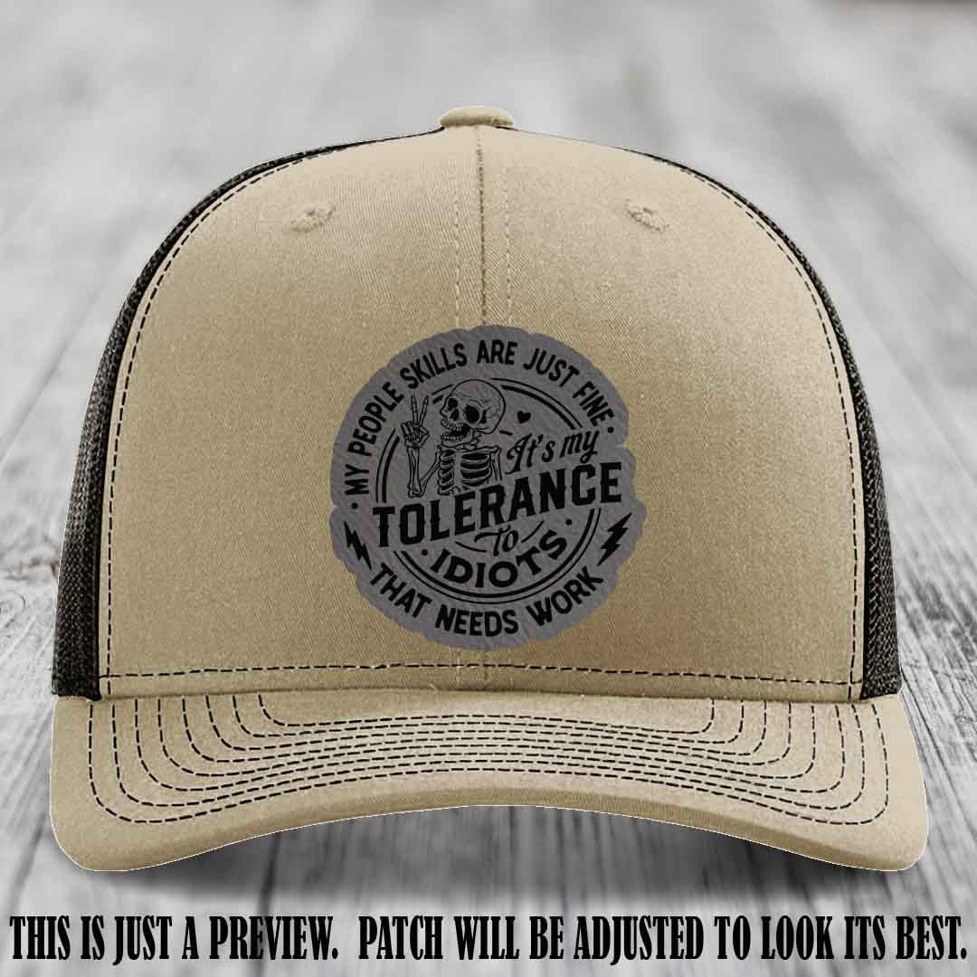 Tolerance to Idiots Grey to Black Patch on Khaki to Coffee Hat Richardson 112 leather patch hat
