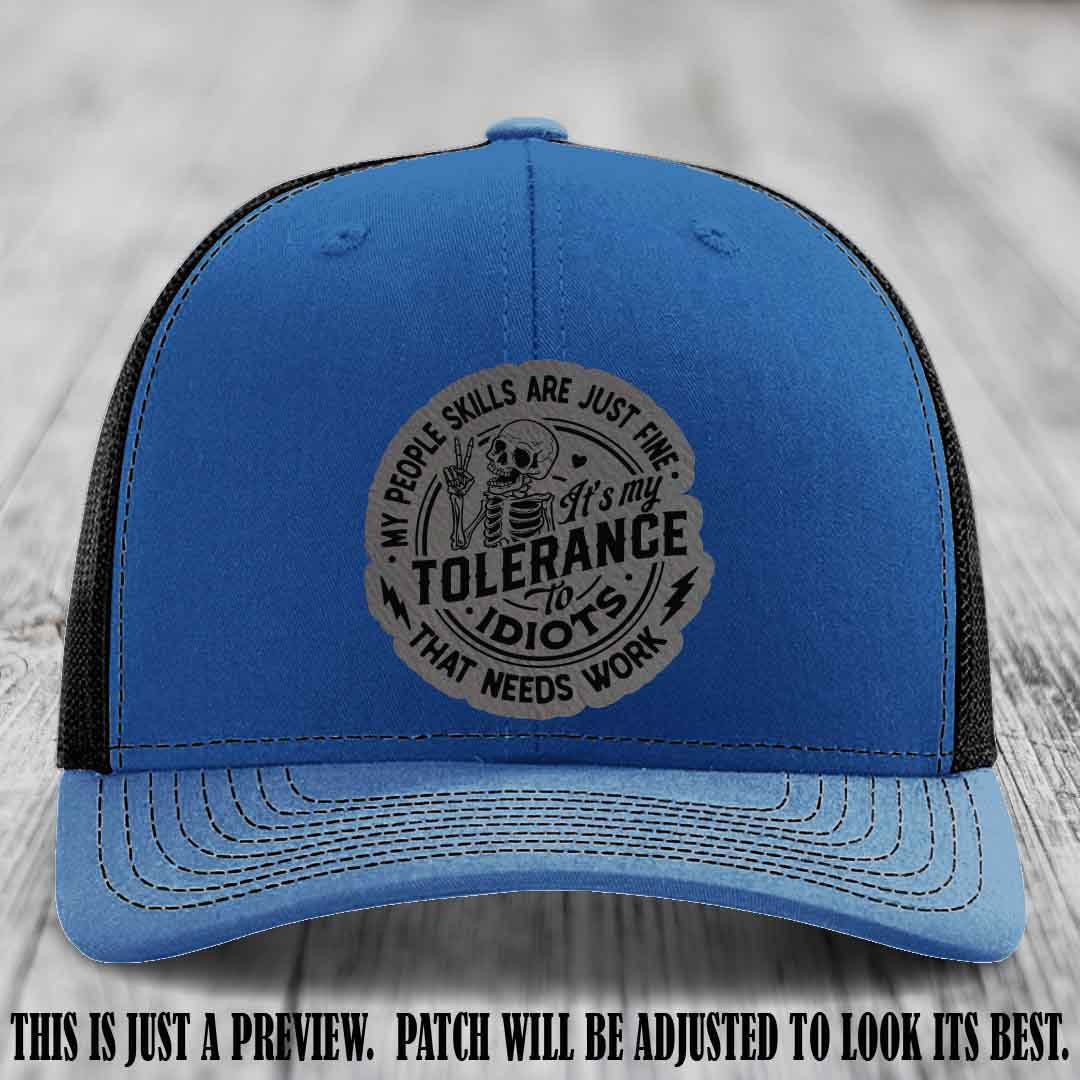 Tolerance to Idiots Grey to Black Patch on Royal to Black Hat Richardson 112 leather patch hat