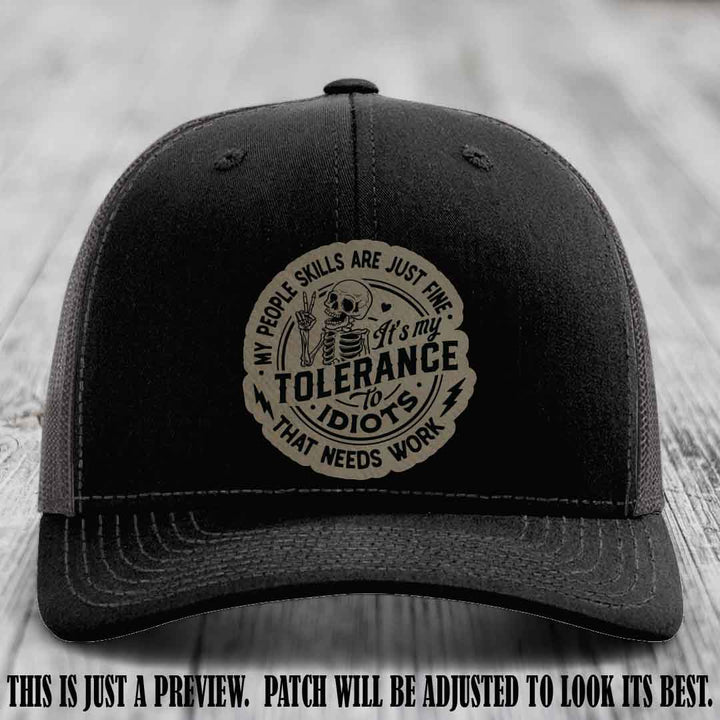 Tolerance to Idiots Light Brown to Black Patch on Black to Charcoal Hat Richardson 112 leather patch hat