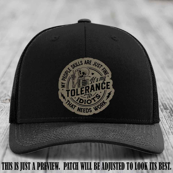 Tolerance to Idiots Light Brown to Black Patch on Black Hat Richardson 112 leather patch hat