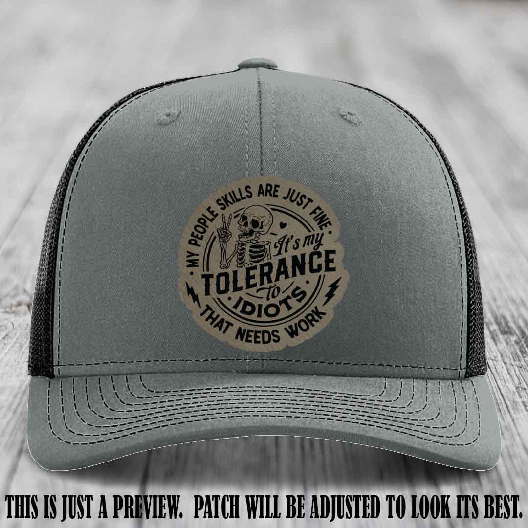 Tolerance to Idiots Light Brown to Black Patch on Heather Grey to Black Hat Richardson 112 leather patch hat