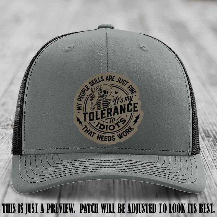 Tolerance to Idiots Light Brown to Black Patch on Heather Grey to Black Hat Richardson 112 leather patch hat
