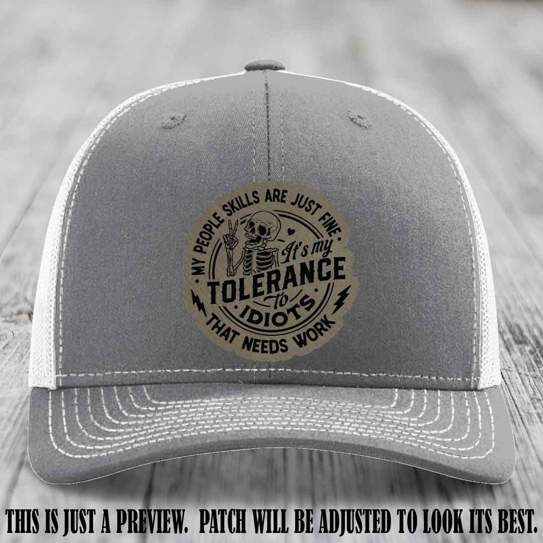 Tolerance to Idiots Light Brown to Black Patch on Heather Grey to White Hat Richardson 112 leather patch hat