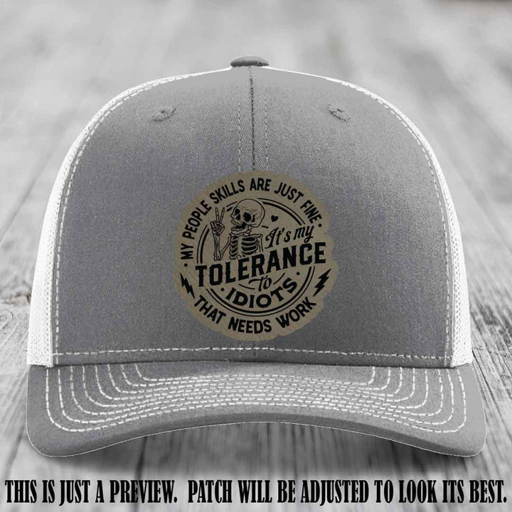 Tolerance to Idiots Light Brown to Black Patch on Heather Grey to White Hat Richardson 112 leather patch hat