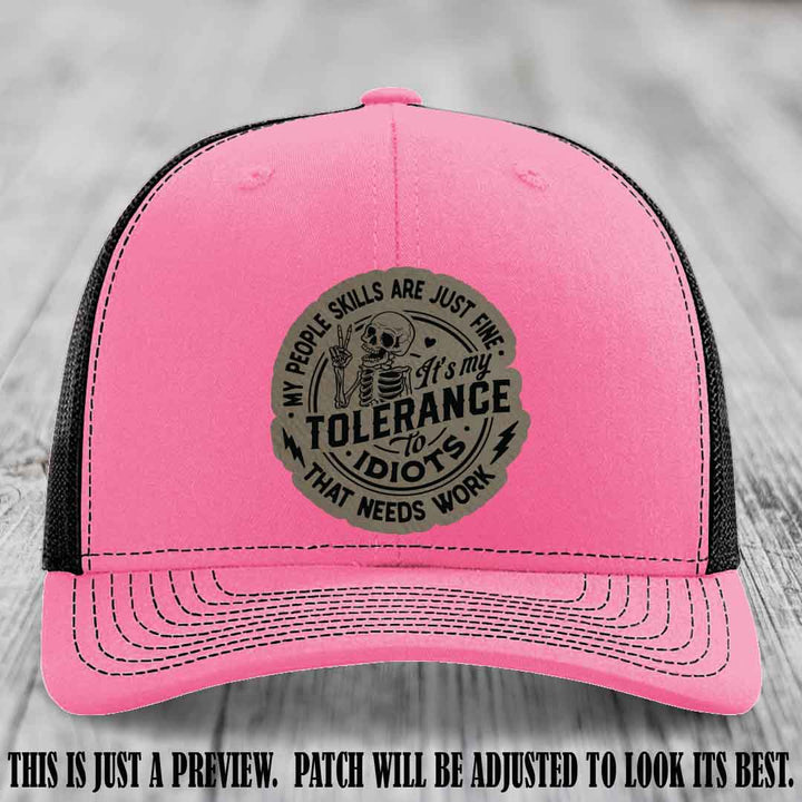 Tolerance to Idiots Light Brown to Black Patch on Hot Pink to Black Hat Richardson 112 leather patch hat