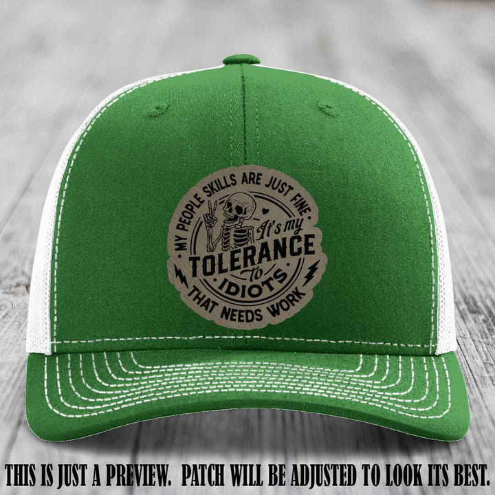 Tolerance to Idiots Light Brown to Black Patch on Kelly to White Hat Richardson 112 leather patch hat
