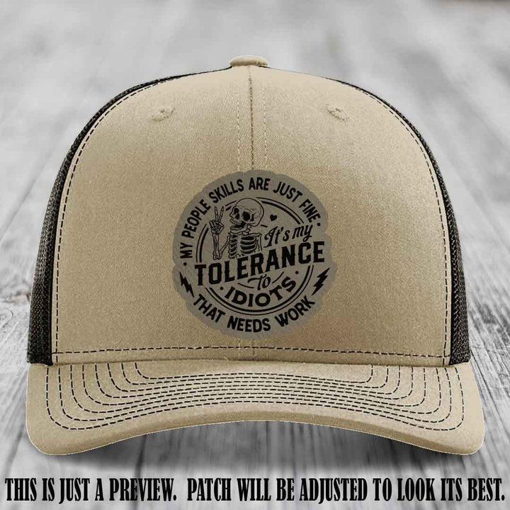 Tolerance to Idiots Light Brown to Black Patch on Khaki to Coffee Hat Richardson 112 leather patch hat