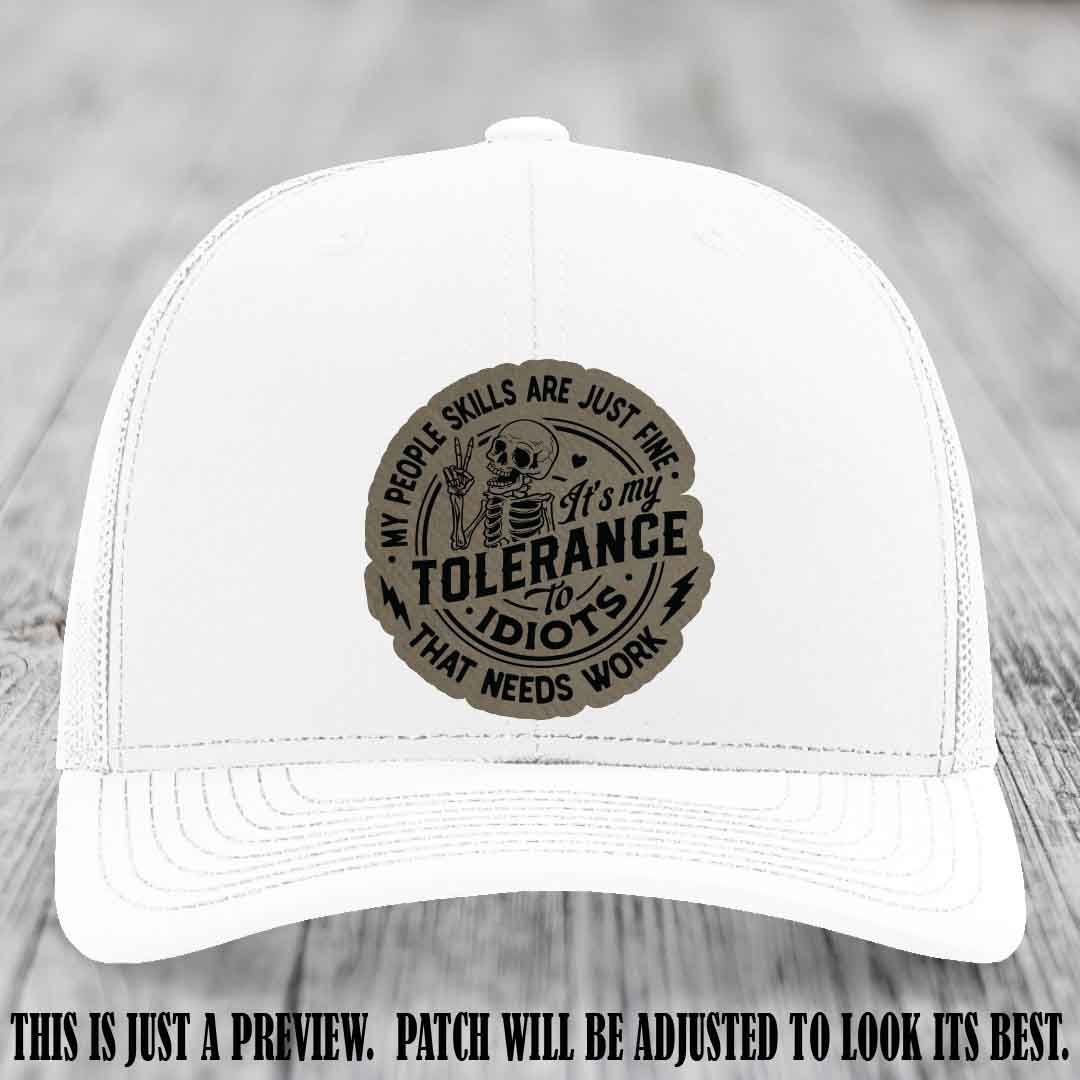 Tolerance to Idiots Light Brown to Black Patch on White Hat Richardson 112 leather patch hat