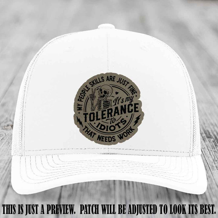 Tolerance to Idiots Light Brown to Black Patch on White Hat Richardson 112 leather patch hat
