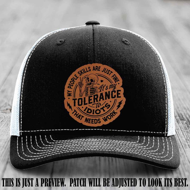 Tolerance to Idiots Rawhide to Black Patch on Black to White Hat Richardson 112 leather patch hat