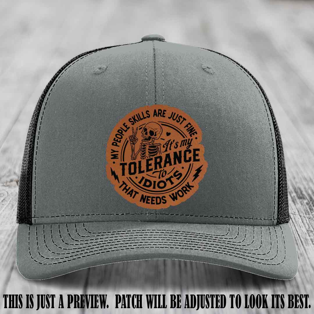 Tolerance to Idiots Rawhide to Black Patch on Heather Grey to Black Hat Richardson 112 leather patch hat