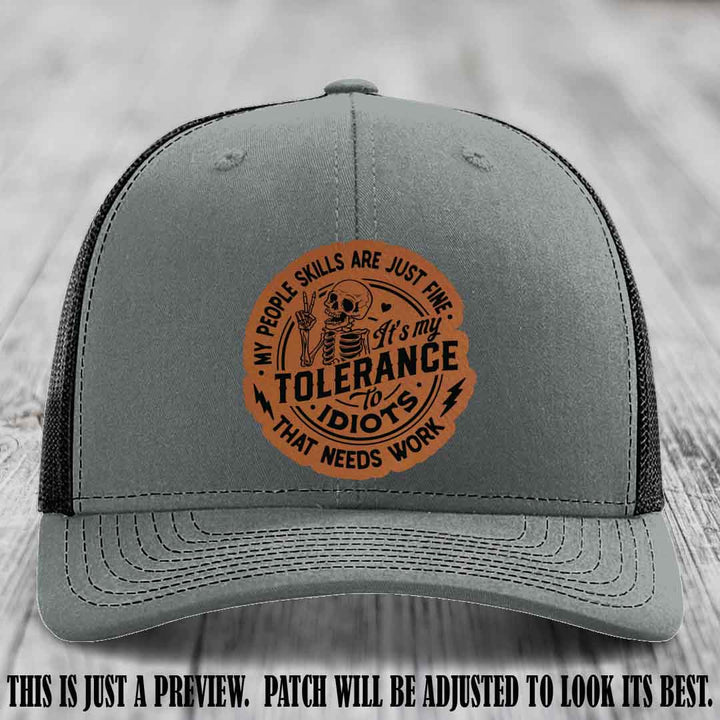 Tolerance to Idiots Rawhide to Black Patch on Heather Grey to Black Hat Richardson 112 leather patch hat
