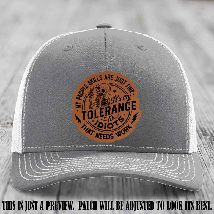Tolerance to Idiots Rawhide to Black Patch on Heather Grey to White Hat Richardson 112 leather patch hat