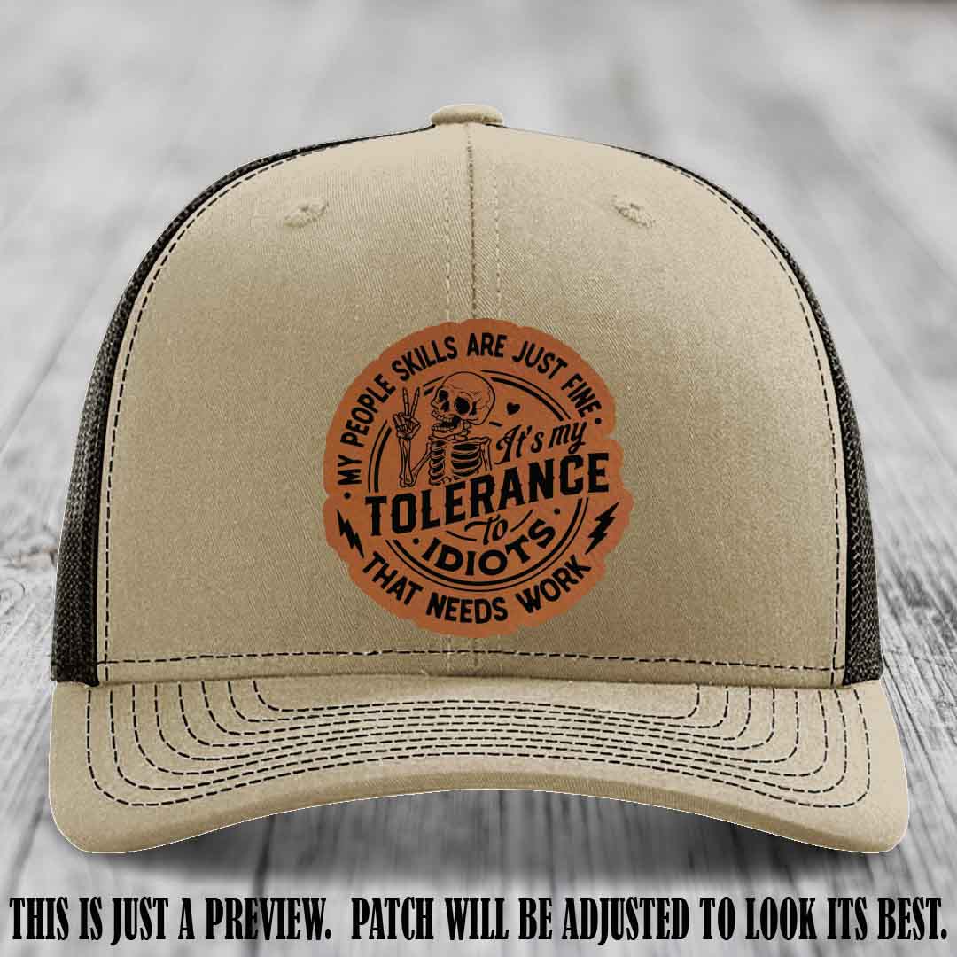 Tolerance to Idiots Rawhide to Black Patch on Khaki to Coffee Hat Richardson 112 leather patch hat