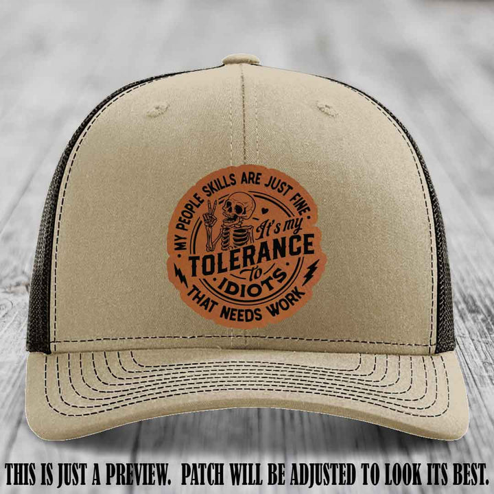 Tolerance to Idiots Rawhide to Black Patch on Khaki to Coffee Hat Richardson 112 leather patch hat