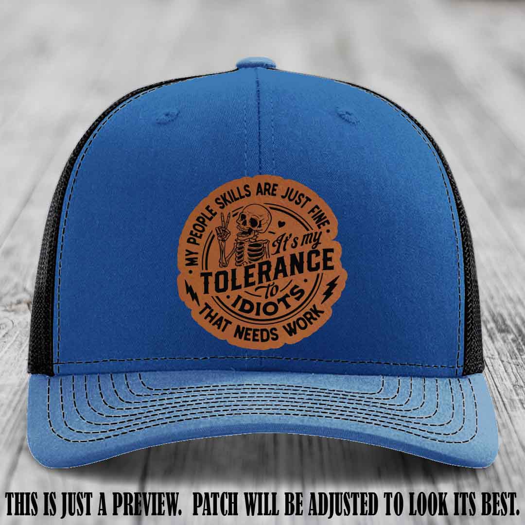 Tolerance to Idiots Rawhide to Black Patch on Royal to Black Hat Richardson 112 leather patch hat