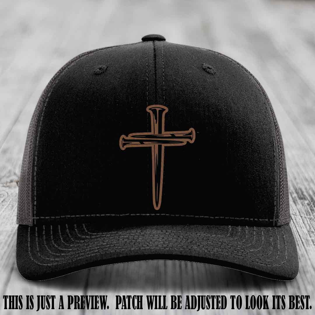 Cross of Nails Dark Brown to Black Patch on Black to Charcoal Hat - Richardson 112 Leather Patch Hat