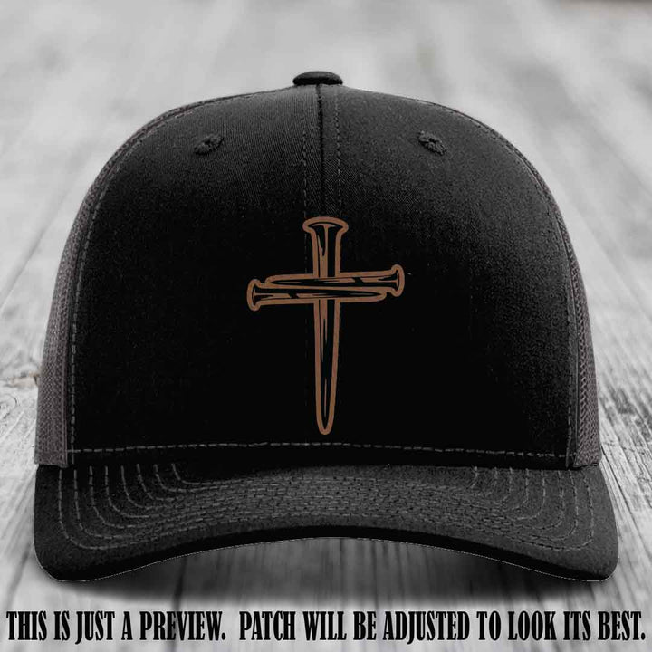 Cross of Nails Dark Brown to Black Patch on Black to Charcoal Hat - Richardson 112 Leather Patch Hat