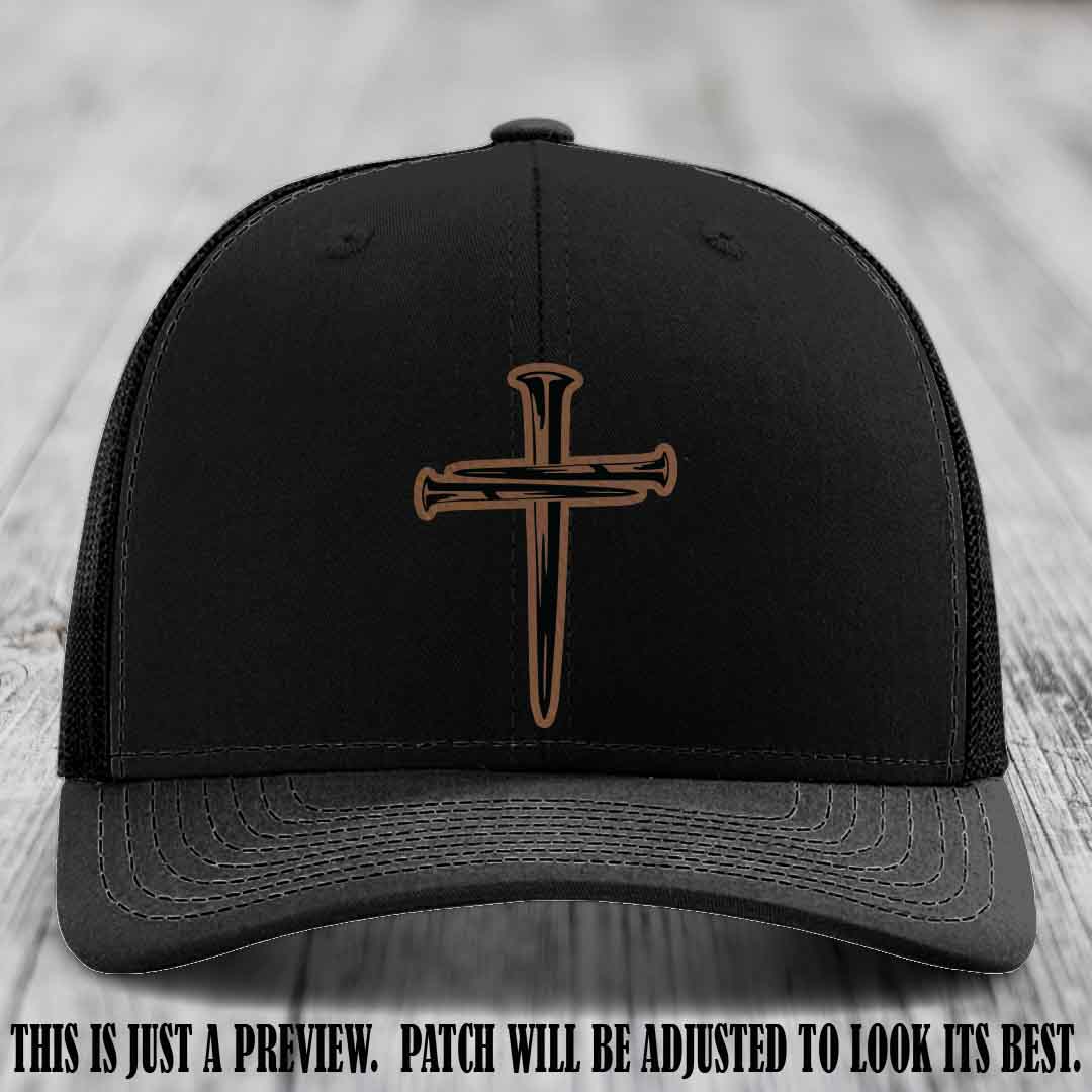 Cross of Nails Dark Brown to Black Patch on Black Hat - Richardson 112 Leather Patch Hat