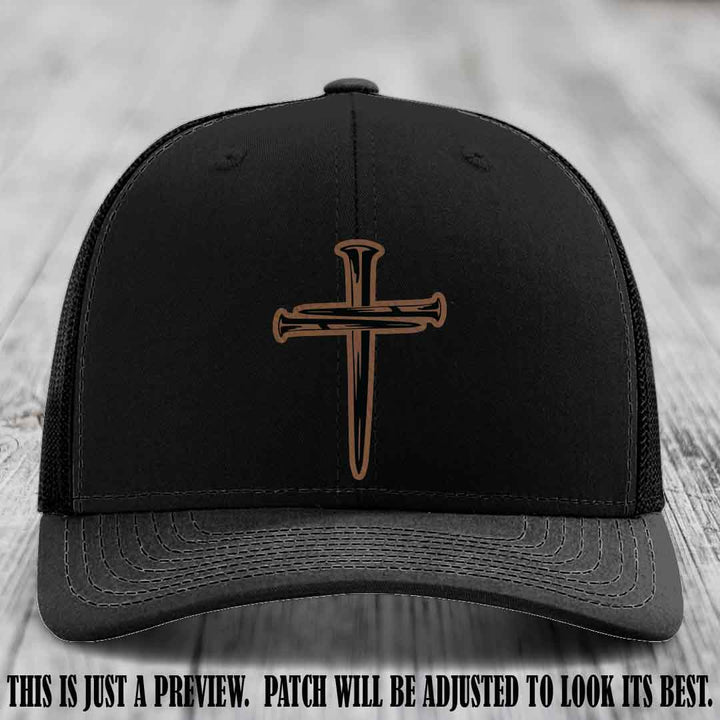 Cross of Nails Dark Brown to Black Patch on Black Hat - Richardson 112 Leather Patch Hat