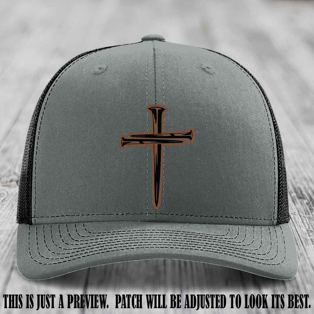 Cross of Nails Dark Brown to Black Patch on Heather Grey to Black Hat - Richardson 112 Leather Patch Hat