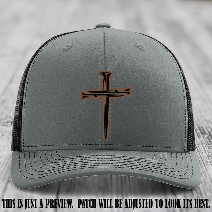 Cross of Nails Dark Brown to Black Patch on Heather Grey to Black Hat - Richardson 112 Leather Patch Hat