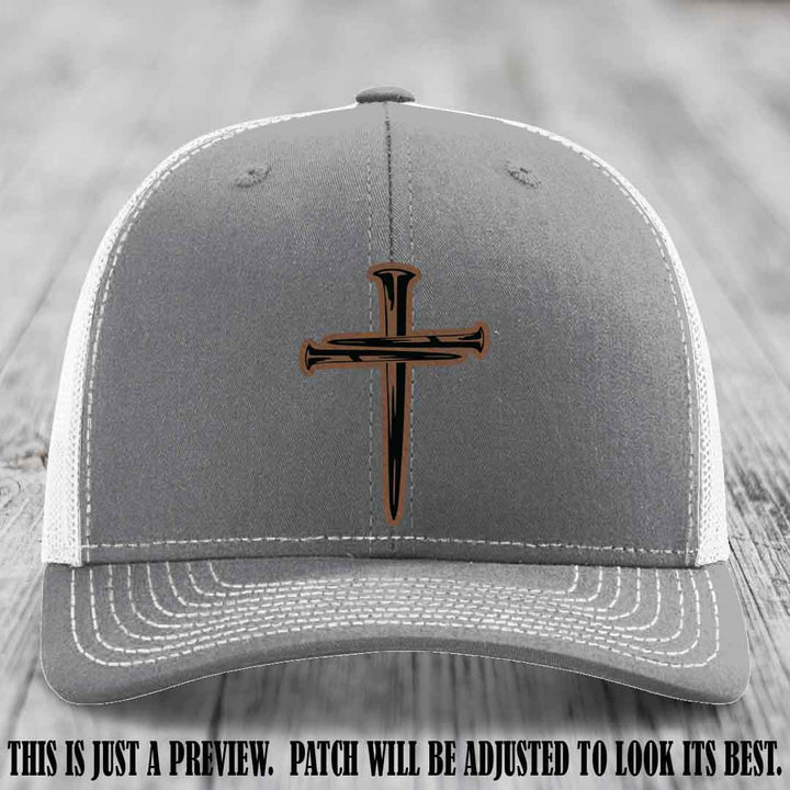 Cross of Nails Dark Brown to Black Patch on Heather Grey to White Hat - Richardson 112 Leather Patch Hat