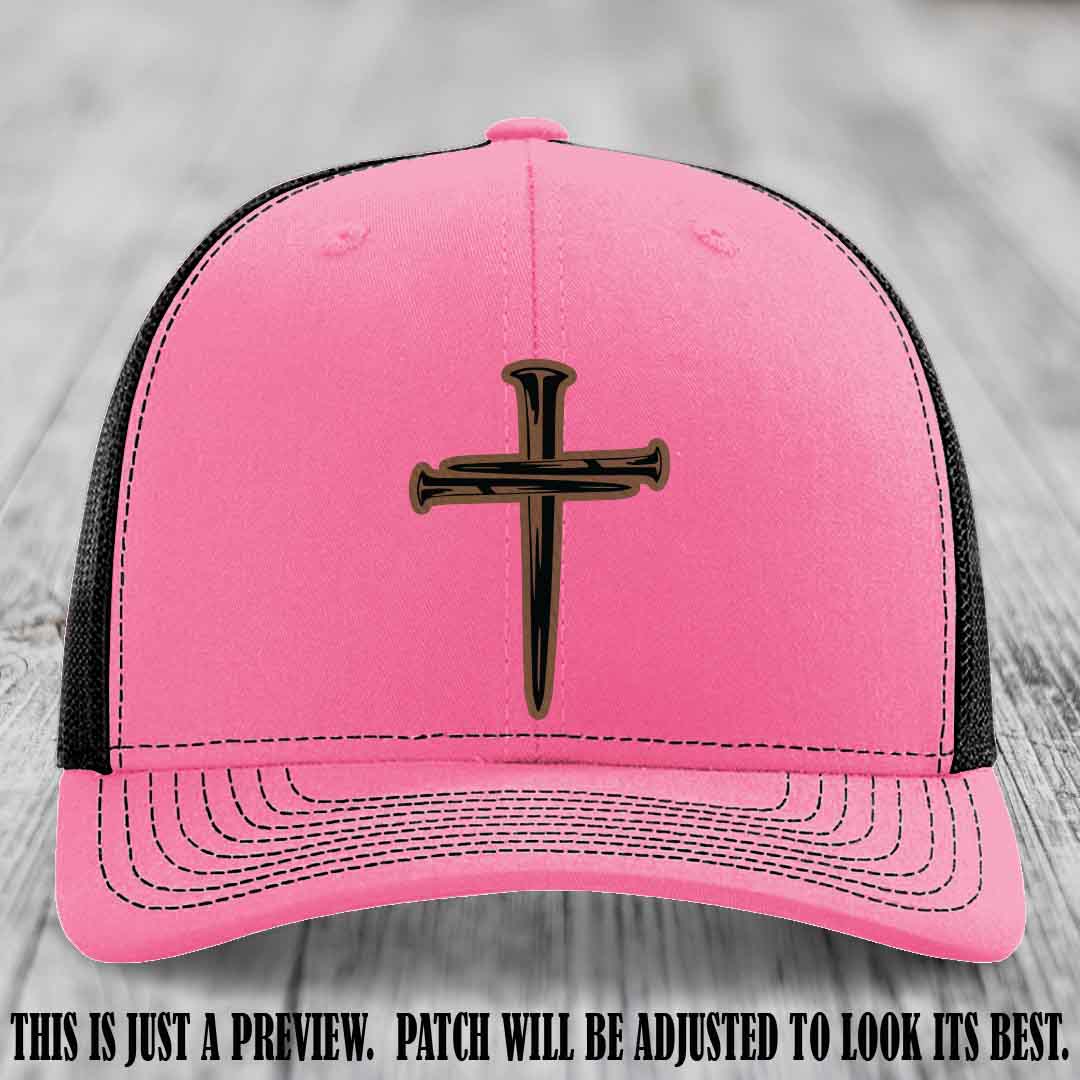 Cross of Nails Dark Brown to Black Patch on Hot Pink to Black Hat - Richardson 112 Leather Patch Hat