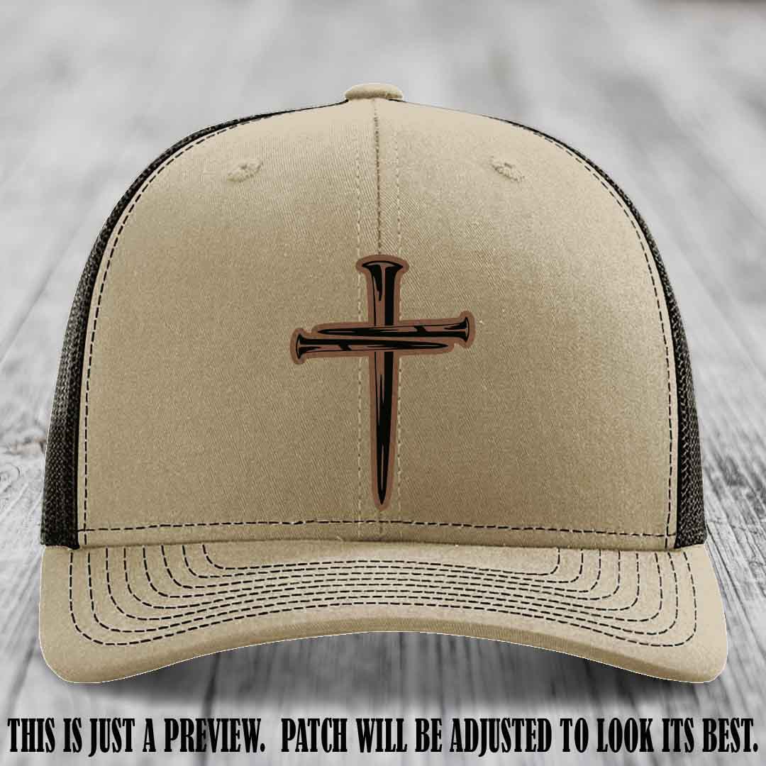 Cross of Nails Dark Brown to Black Patch on Khaki to Coffee Hat - Richardson 112 Leather Patch Hat
