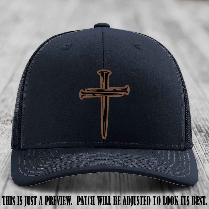 Cross of Nails Dark Brown to Black Patch on Navy Hat - Richardson 112 Leather Patch Hat