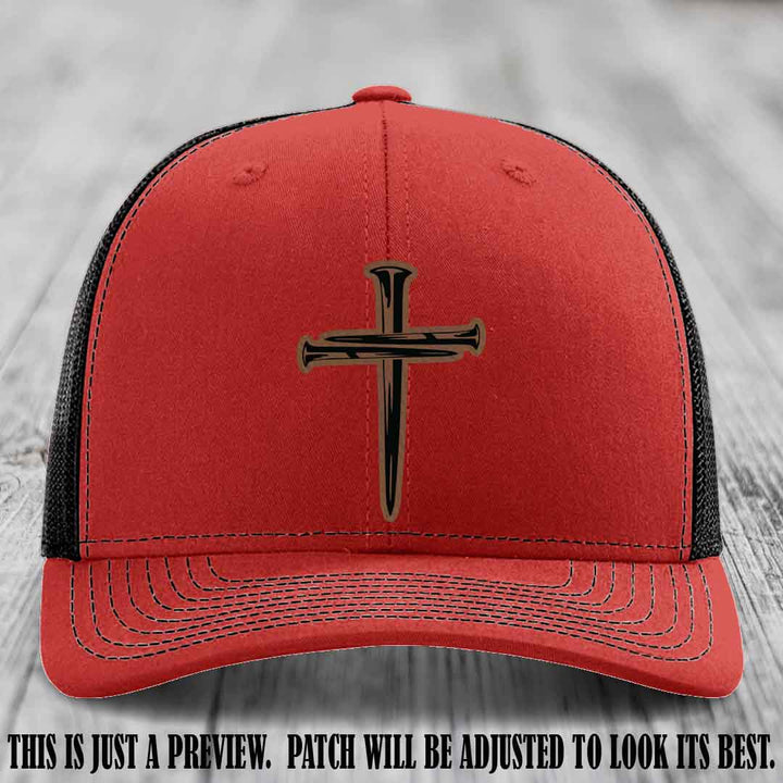 Cross of Nails Dark Brown to Black Patch on Red to Black Hat - Richardson 112 Leather Patch Hat