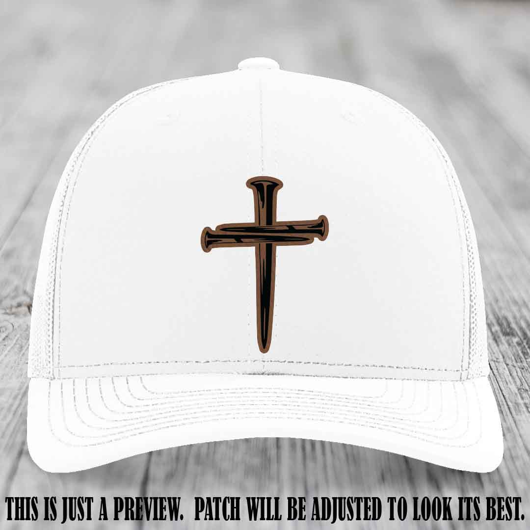 Cross of Nails Dark Brown to Black Patch on White Hat - Richardson 112 Leather Patch Hat