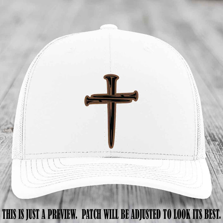 Cross of Nails Dark Brown to Black Patch on White Hat - Richardson 112 Leather Patch Hat