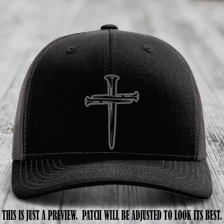 Cross of Nails Grey to Black Patch on Black to Charcoal Hat - Richardson 112 Leather Patch Hat