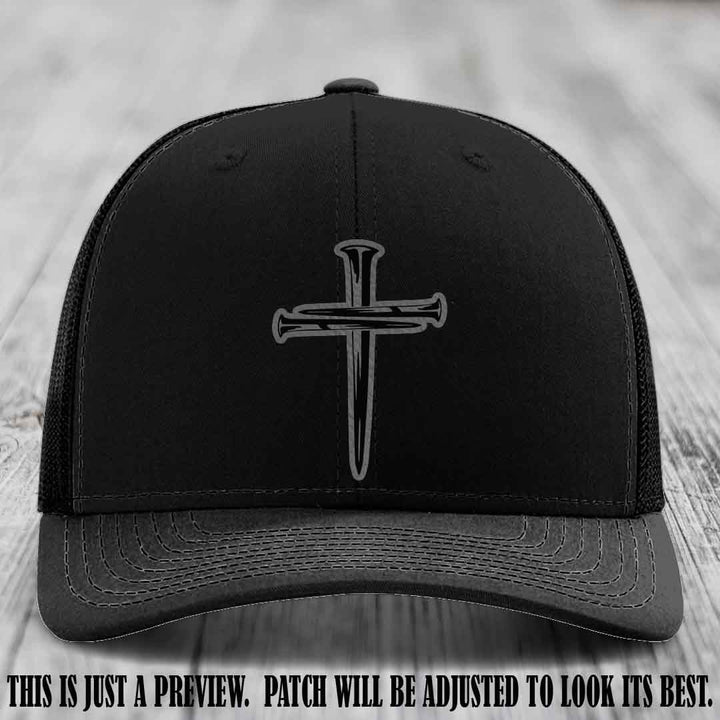 Cross of Nails Grey to Black Patch on Black Hat - Richardson 112 Leather Patch Hat
