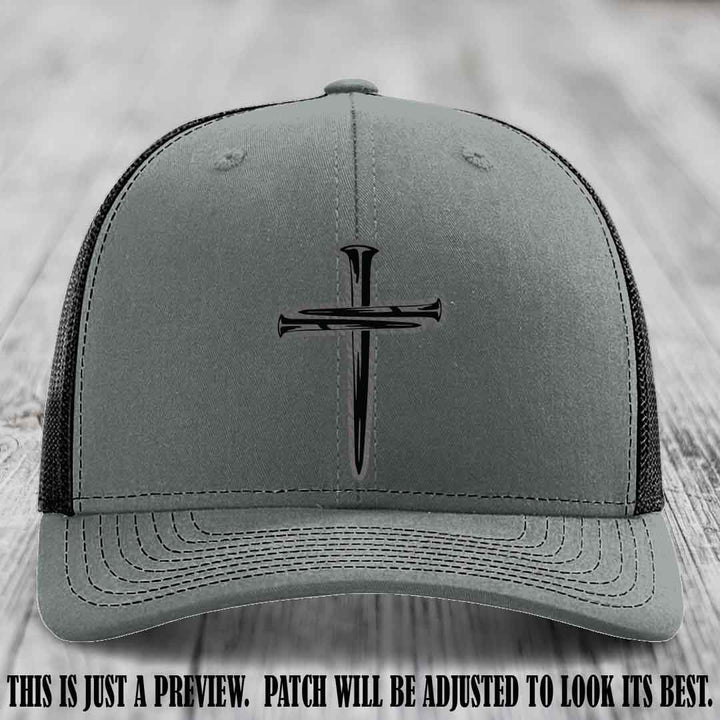 Cross of Nails Grey to Black Patch on Heather Grey to Black Hat - Richardson 112 Leather Patch Hat