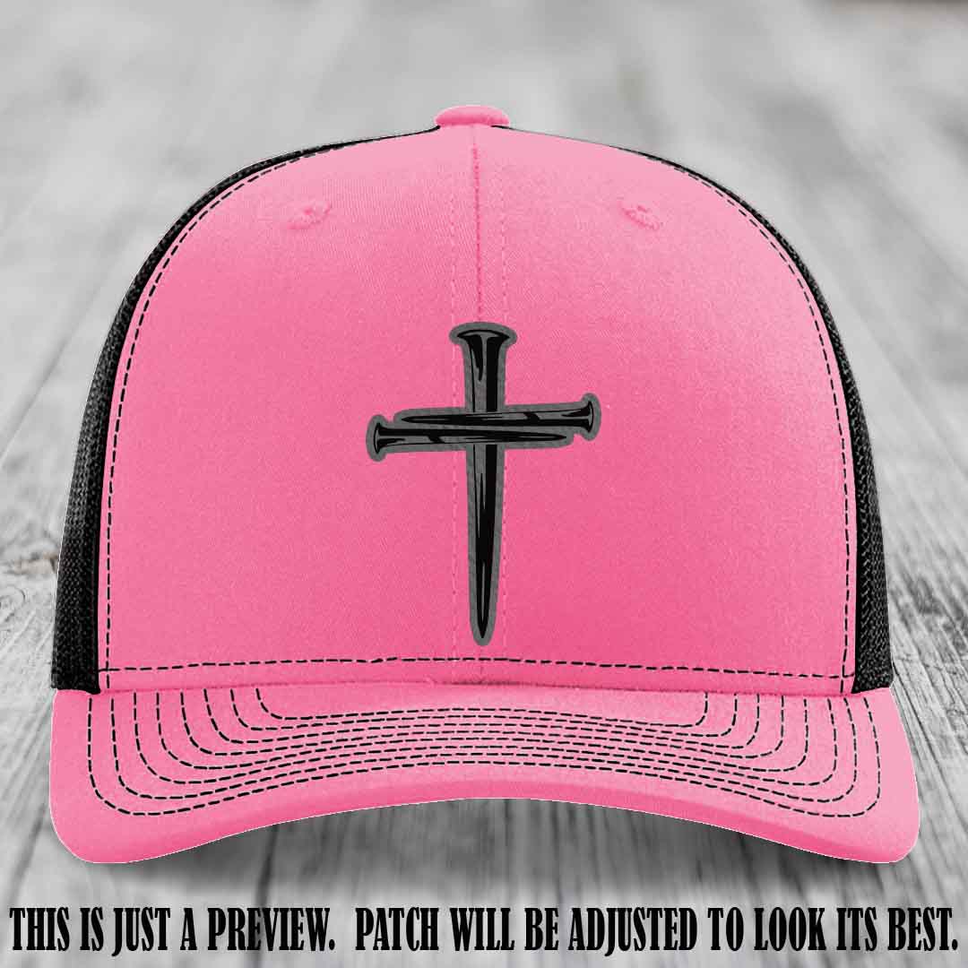 Cross of Nails Grey to Black Patch on Hot Pink to Black Hat - Richardson 112 Leather Patch Hat