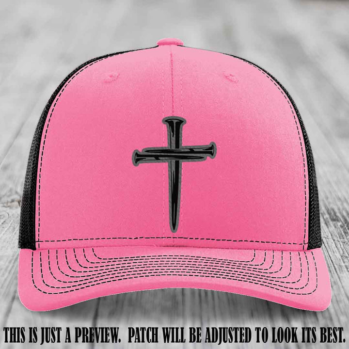 Cross of Nails Grey to Black Patch on Hot Pink to Black Hat - Richardson 112 Leather Patch Hat