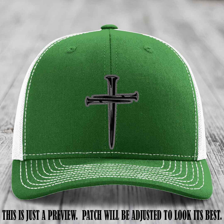 Cross of Nails Grey to Black Patch on Kelly to White Hat - Richardson 112 Leather Patch Hat