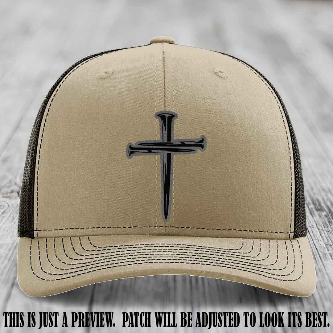 Cross of Nails Grey to Black Patch on Khaki to Coffee Hat - Richardson 112 Leather Patch Hat