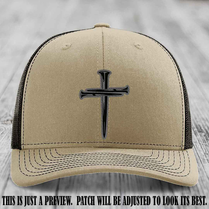Cross of Nails Grey to Black Patch on Khaki to Coffee Hat - Richardson 112 Leather Patch Hat