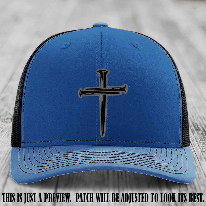 Cross of Nails Grey to Black Patch on Royal to Black Hat - Richardson 112 Leather Patch Hat