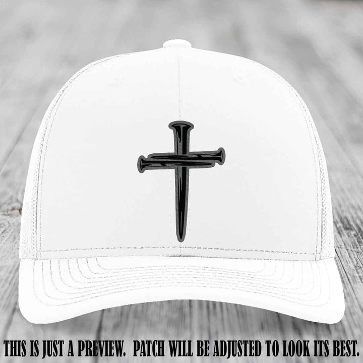 Cross of Nails Grey to Black Patch on White Hat - Richardson 112 Leather Patch Hat