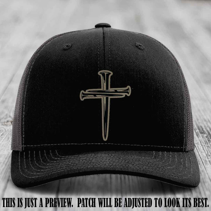 Cross of Nails Light Brown to Black Patch on Black to Charcoal Hat - Richardson 112 Leather Patch Hat
