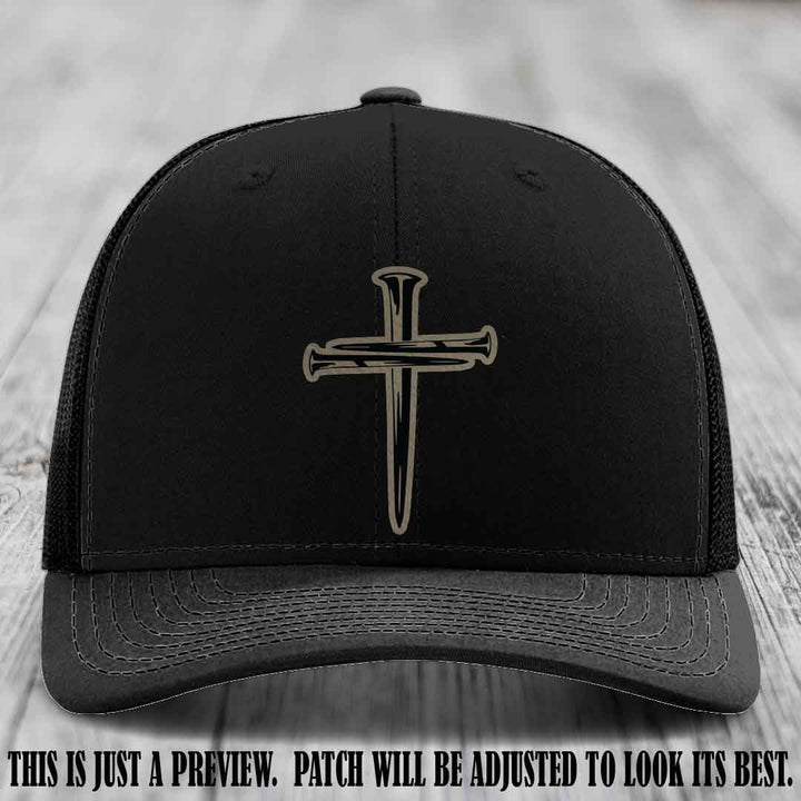 Cross of Nails Light Brown to Black Patch on Black Hat - Richardson 112 Leather Patch Hat