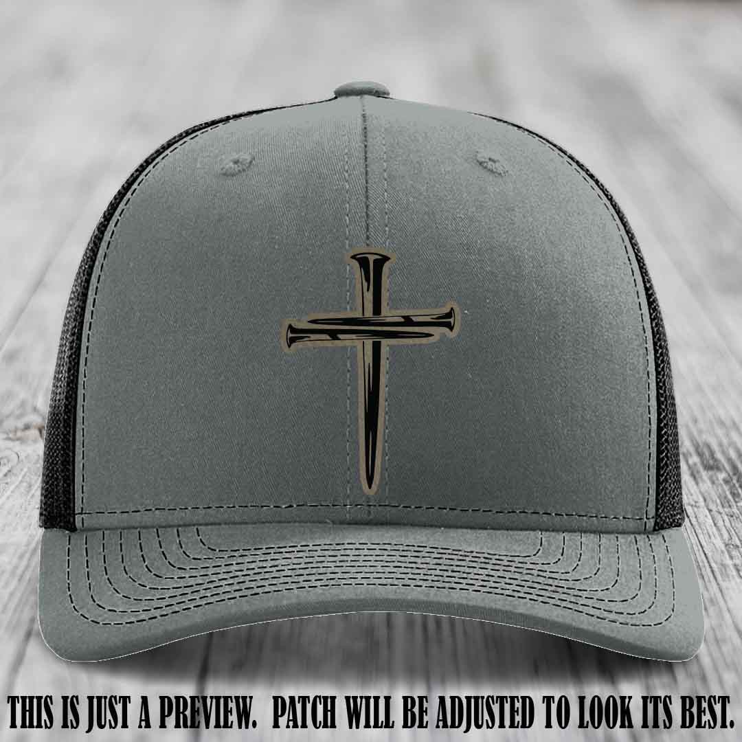 Cross of Nails Light Brown to Black Patch on Heather Grey to Black Hat - Richardson 112 Leather Patch Hat