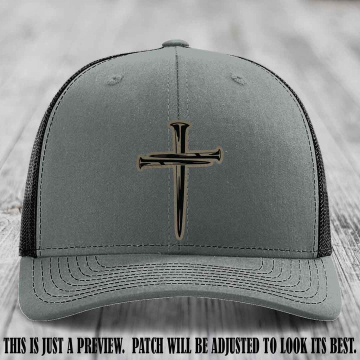 Cross of Nails Light Brown to Black Patch on Heather Grey to Black Hat - Richardson 112 Leather Patch Hat